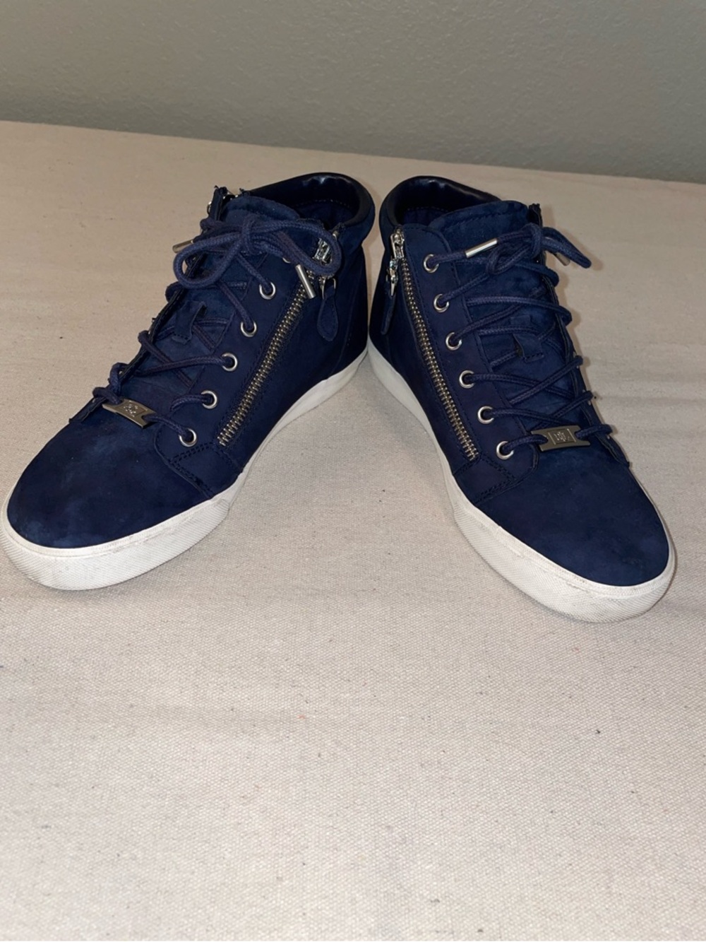 Ralph Lauren Navy Suede High-Top Sneakers with Silver Zippers
